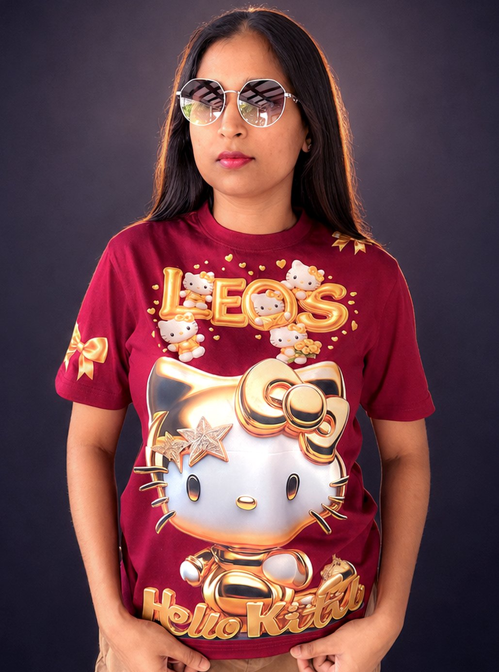 Golden Hello Kitty Premium Maroon Premium Tshirts 👕 by Leos Wear