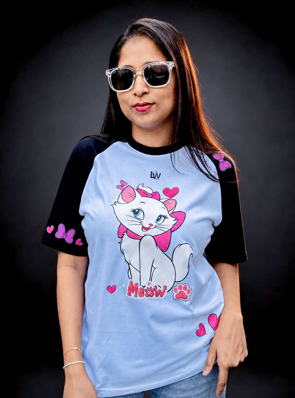 Raglan Black & White Meow A4 Size Printed Tshirts 💗 by Leos Wear