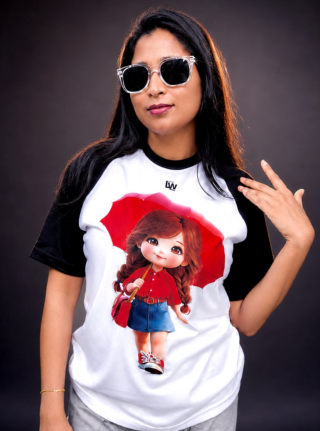 Raglan Black & White Umbrella Girl A3 Size Printed T-shirts 🧥 by Leos Wear