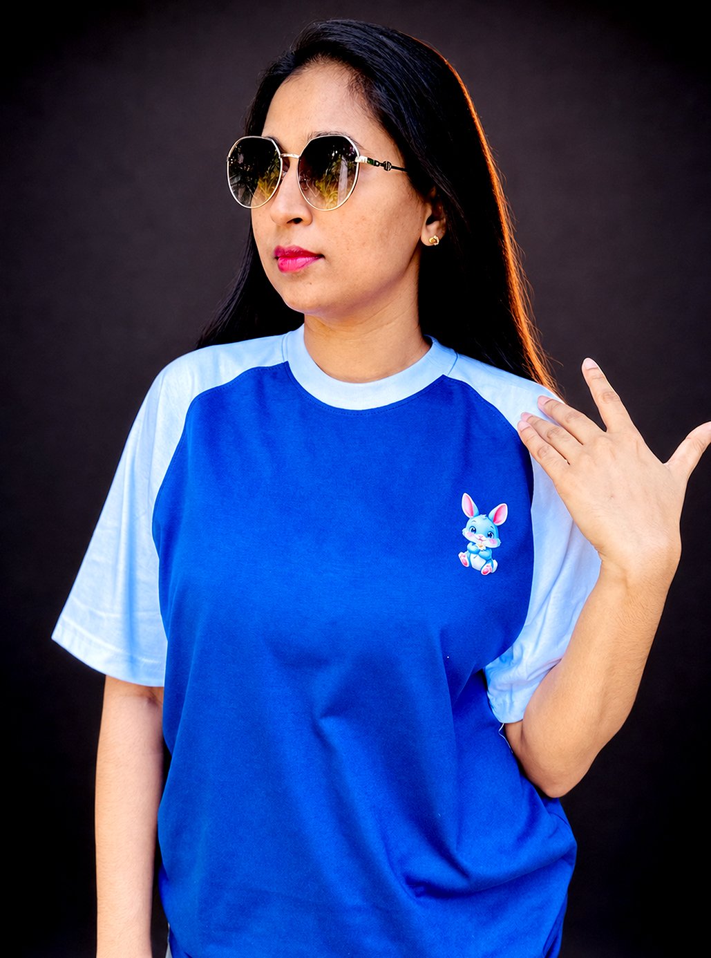 Raglan Navy Blue & White Mini Mini Print Tshirts 👚 by Leos Wear