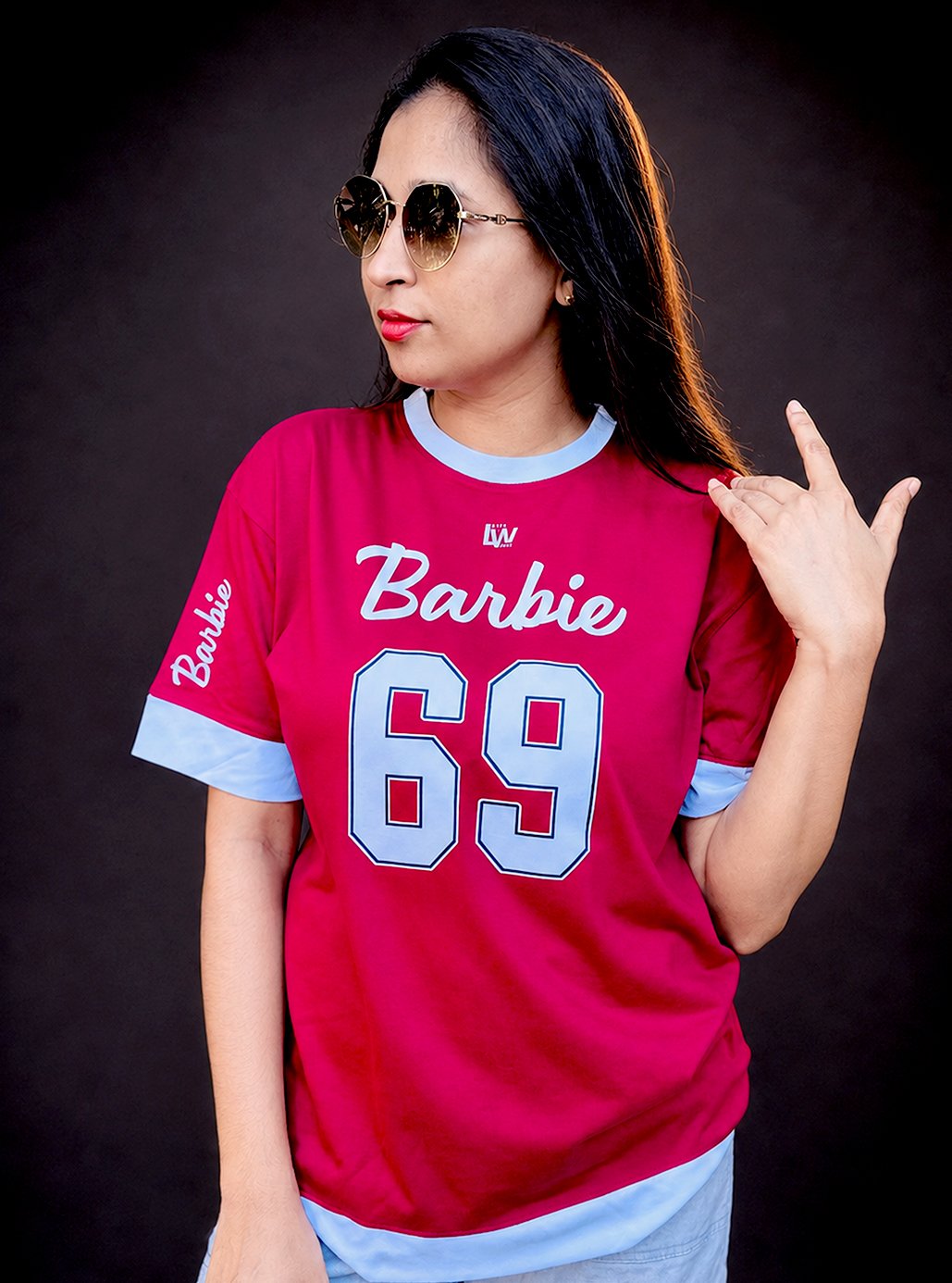 White Line Maroon 69 Barbie A4 Size Printed Tshirts 💗 by Leos Wear