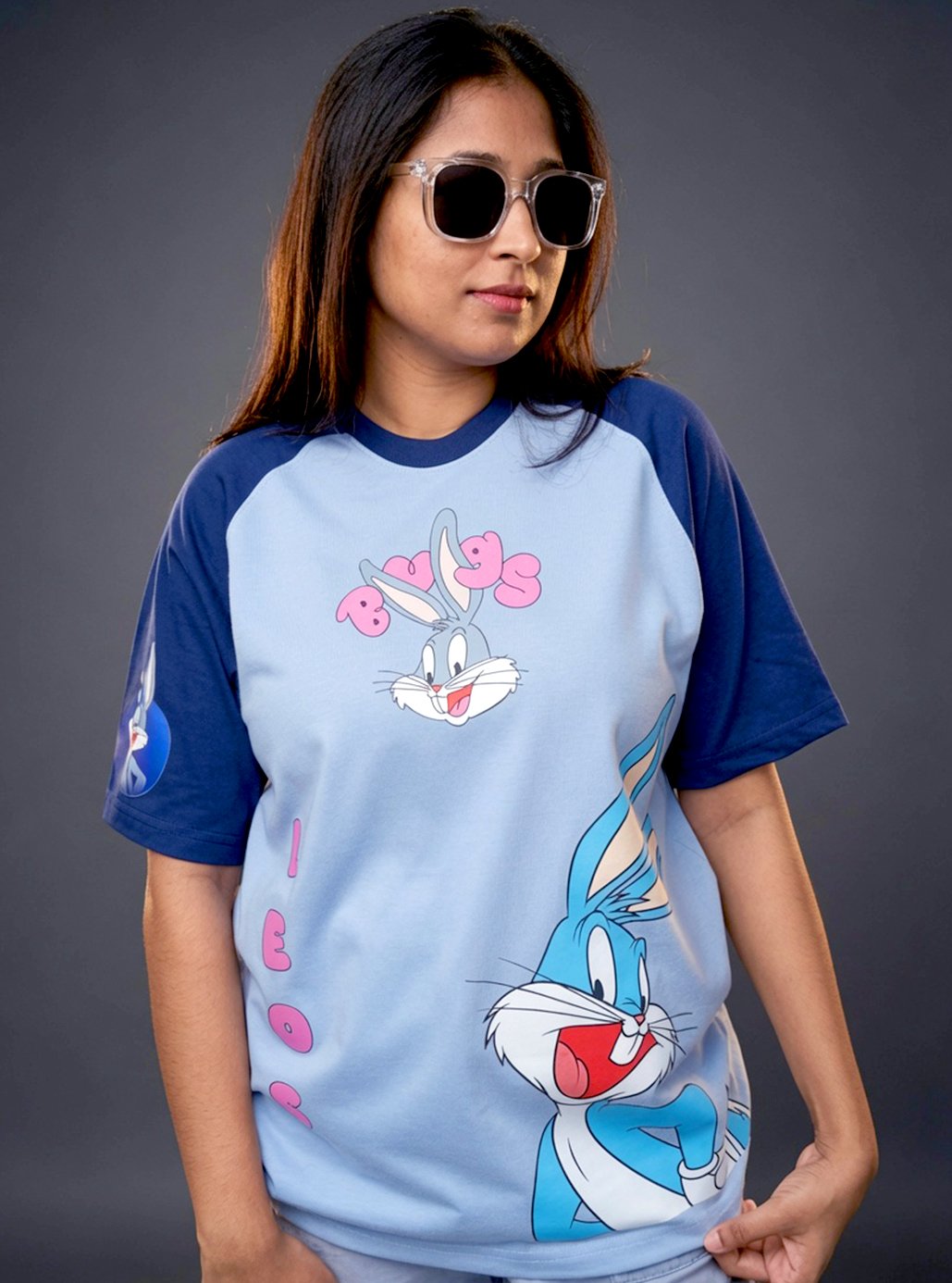 Raglan Powder Blue & Navy Blue Buggs A3 Size Printed T-shirts 🧥 by Leos Wear